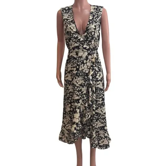 Rebecca Minkoff Assia Faux-Wrap Midi Dress Size S Black Cream Floral Flounce - Picture 2 of 14